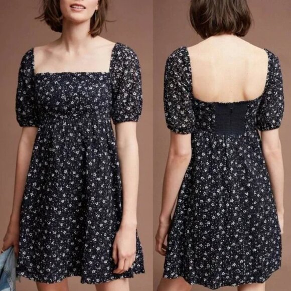 Anthropologie Maeve Blue White Lillian Eyelet Puff Short Sleeve Babydoll Dress - Picture 1 of 8